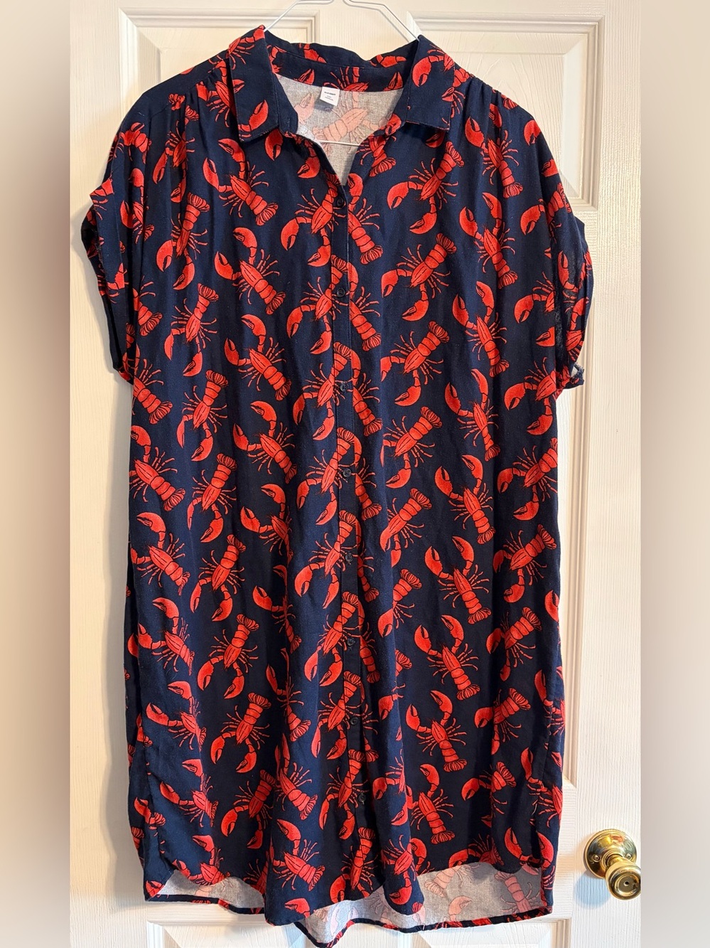 Old Navy Womens Lobster Linen Blend Shirt Dress XXL Navy Blue Red Button Front
